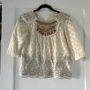 Anthropologie Moulinette Soeurs Beaded Lace Top Cream White Embellished